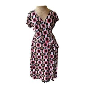 AB Studio Dress Womens Medium Brown Pink Geometric Wrap Midi Short Sleeve‎ USA